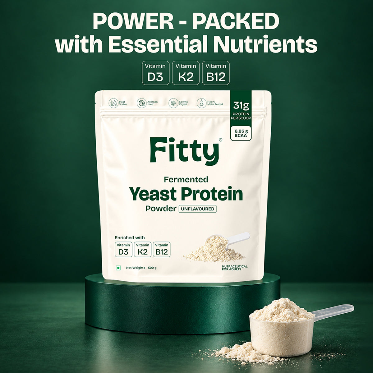 Fitty Fermented Yeast Protein | 31g Protein | 7 Added Supplements | Vitamin B12, D3, K2 (100% RDA) | Unflavoured (500 g)