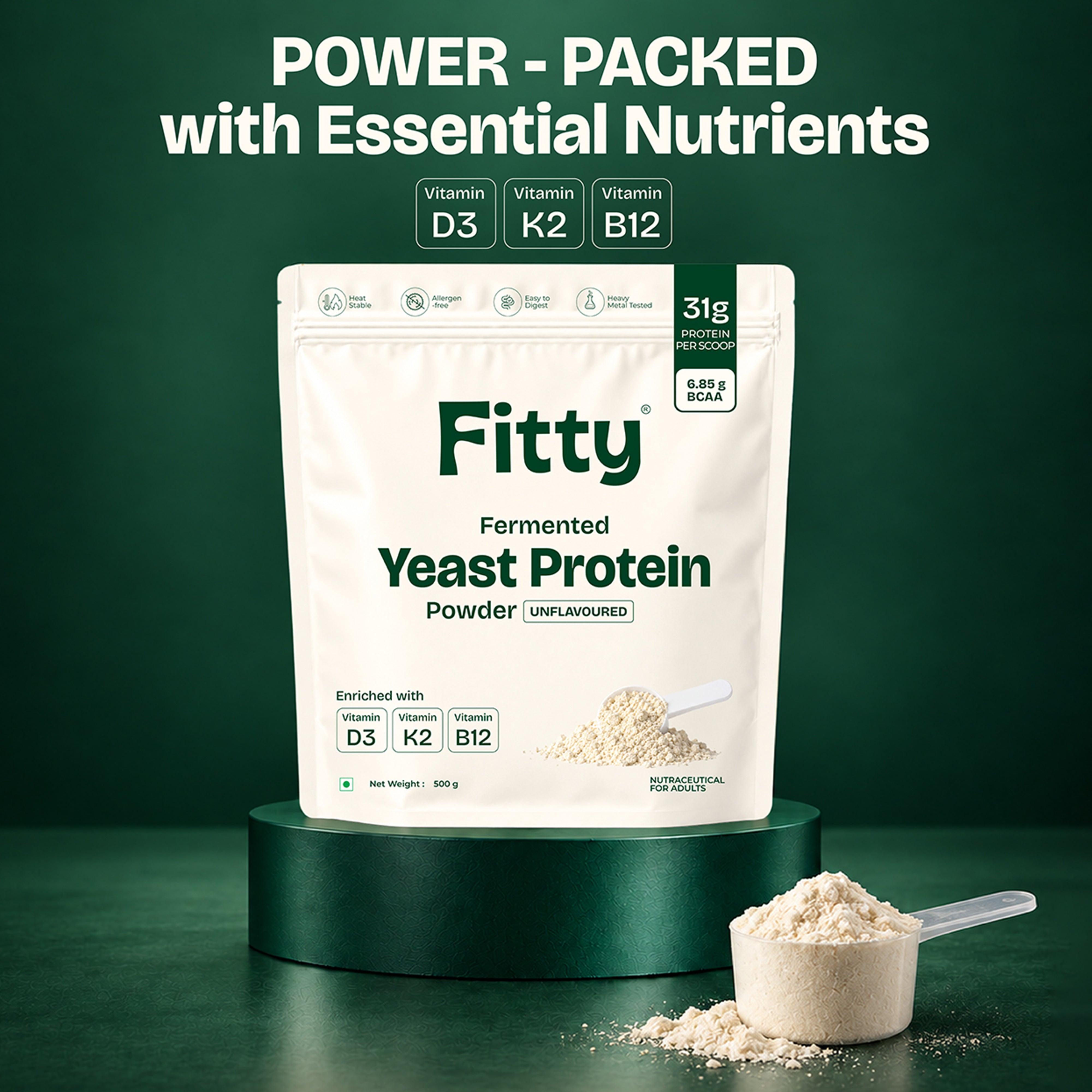 Image of Fitty Fermented Yeast Protein | 31g Protein | 7 Added Supplements | Vitamin B12, D3, K2 (100% RDA) | Unflavoured (500 g)