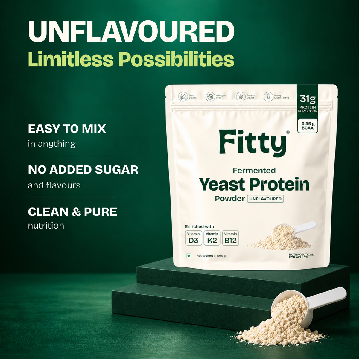 Fitty Fermented Yeast Protein | 31g Protein | 7 Added Supplements | Vitamin B12, D3, K2 (100% RDA) | Unflavoured (500 g)