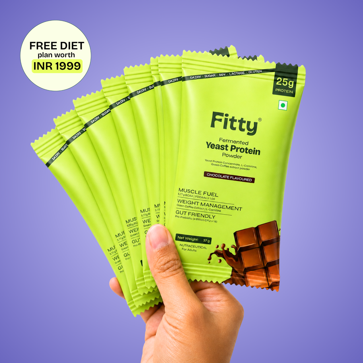 Fitty Fermented Yeast Protein Sachet for Weight Loss | 25g Protein | Pack of 7 | Chocolate (37g) | Free 1-Month Diet Plan