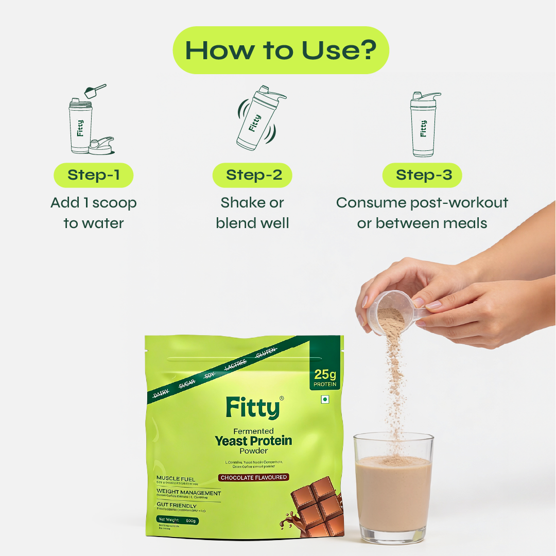 Fitty Fermented Yeast Protein for Weight Loss | 25g Protein | Chocolate (500 g) | Free 1-Month Diet Plan
