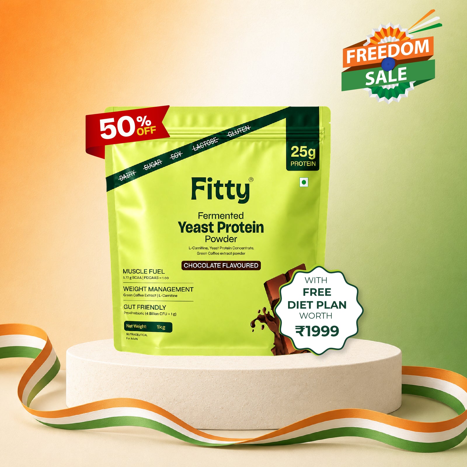 Fitty Fermented Yeast Protein | Freedom Sale | 25g Protein | 7 Added Supplements | Vitamin B12, D3, K2 (100% RDA) | Chocolate (500 g)