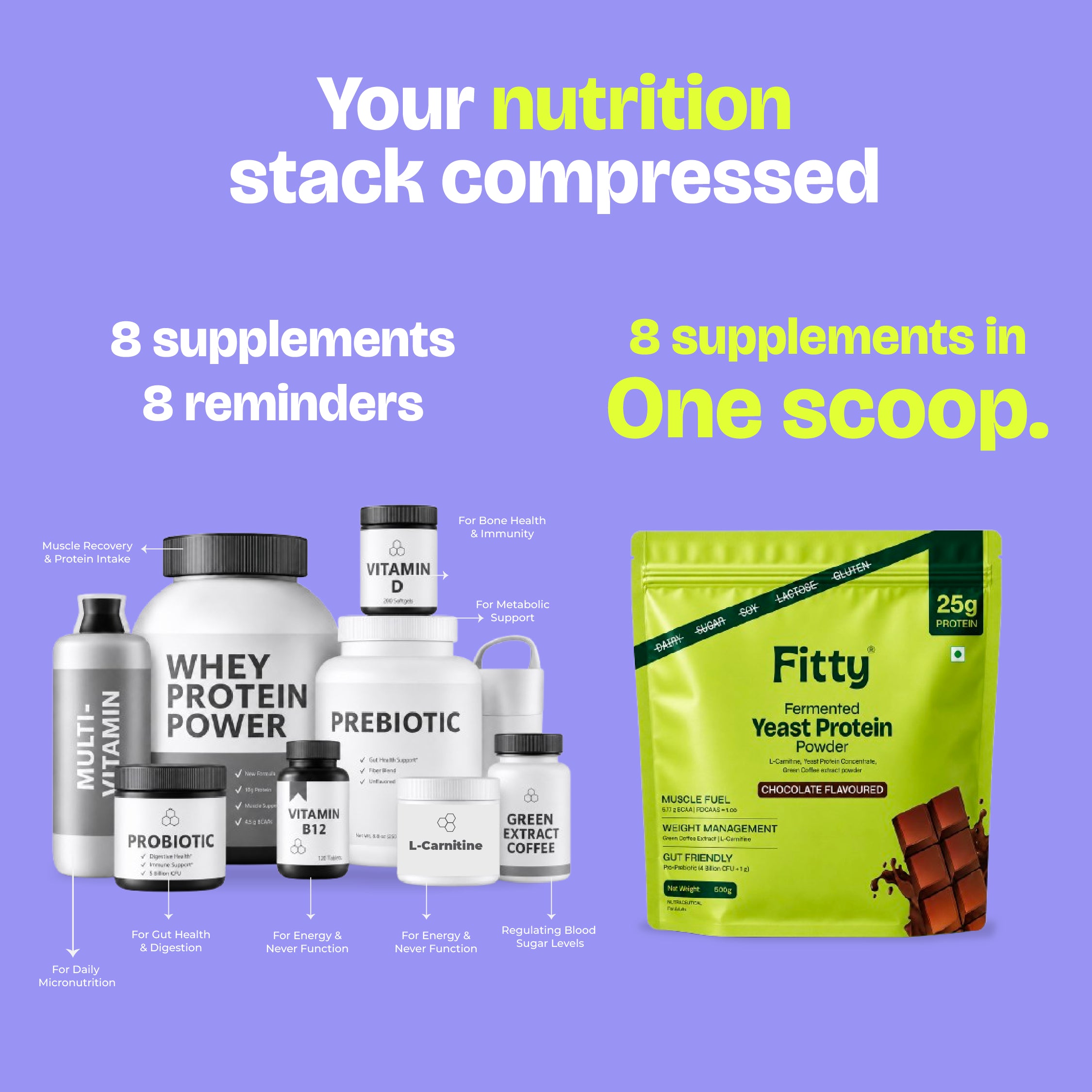 Image of Fitty Fermented Yeast Protein | 25g Protein | 8 Supplements | Vitamin B12, D3, K2 (100% RDA) | Chocolate (500 g) Sale