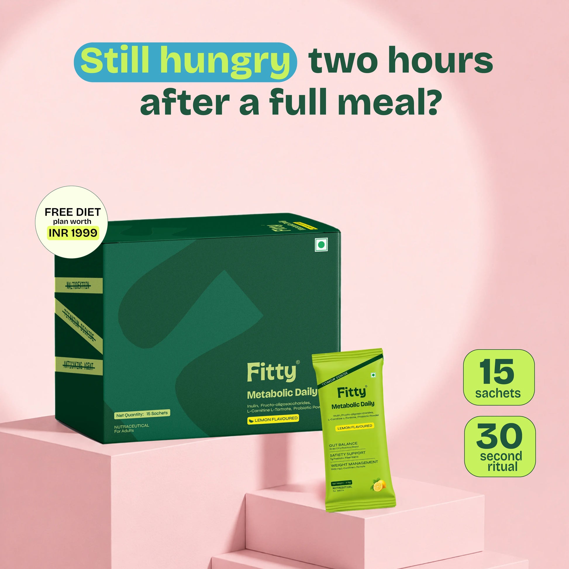 Fitty Metabolic Daily Prebiotic & Probiotic - Gut Health, Metabolism & Weight Management | 15 Sachets | FREE 1-month Diet Plan