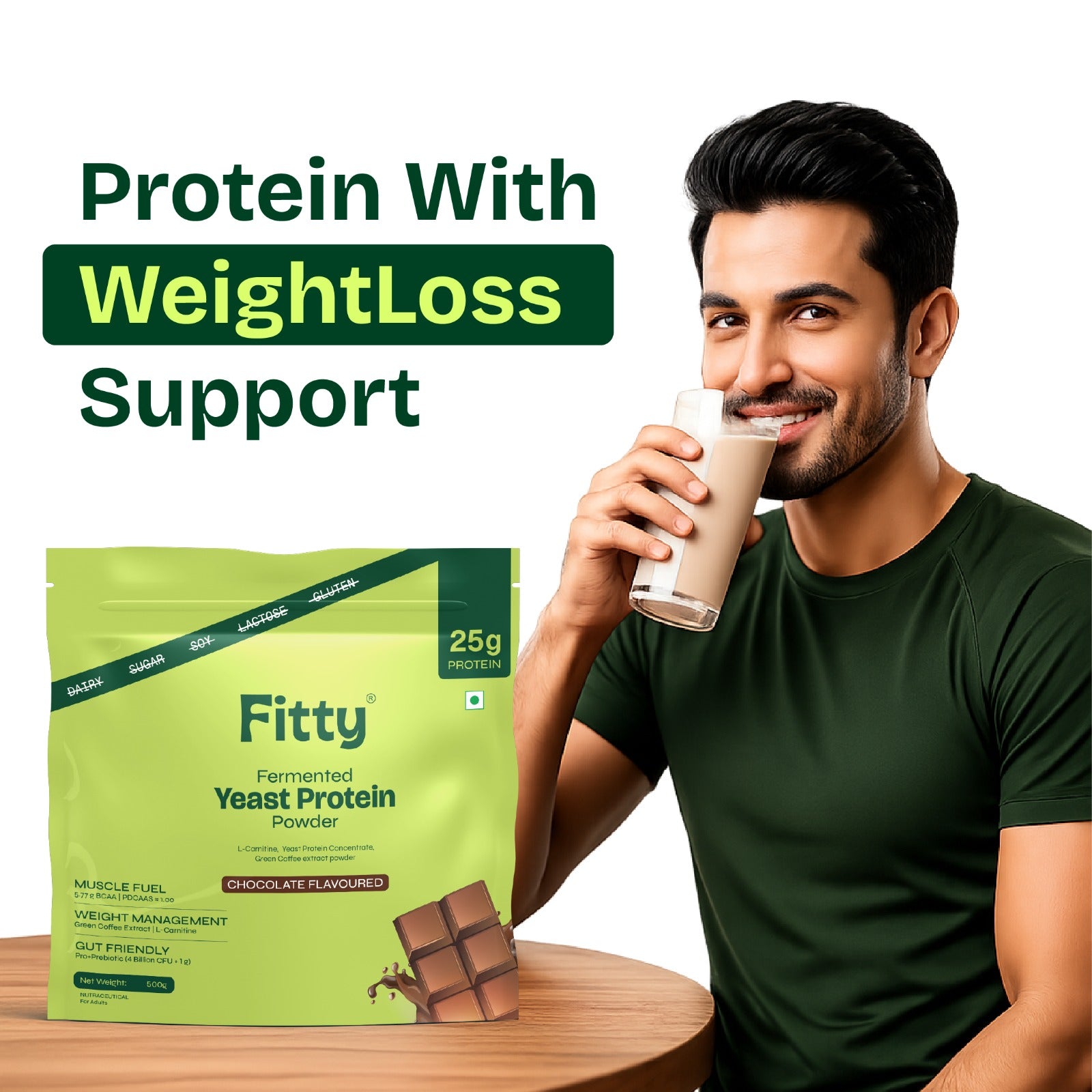 Fitty Fermented Yeast Protein for Weight Loss | 25g Protein | Chocolate (500 g) | Free 1-Month Diet Plan