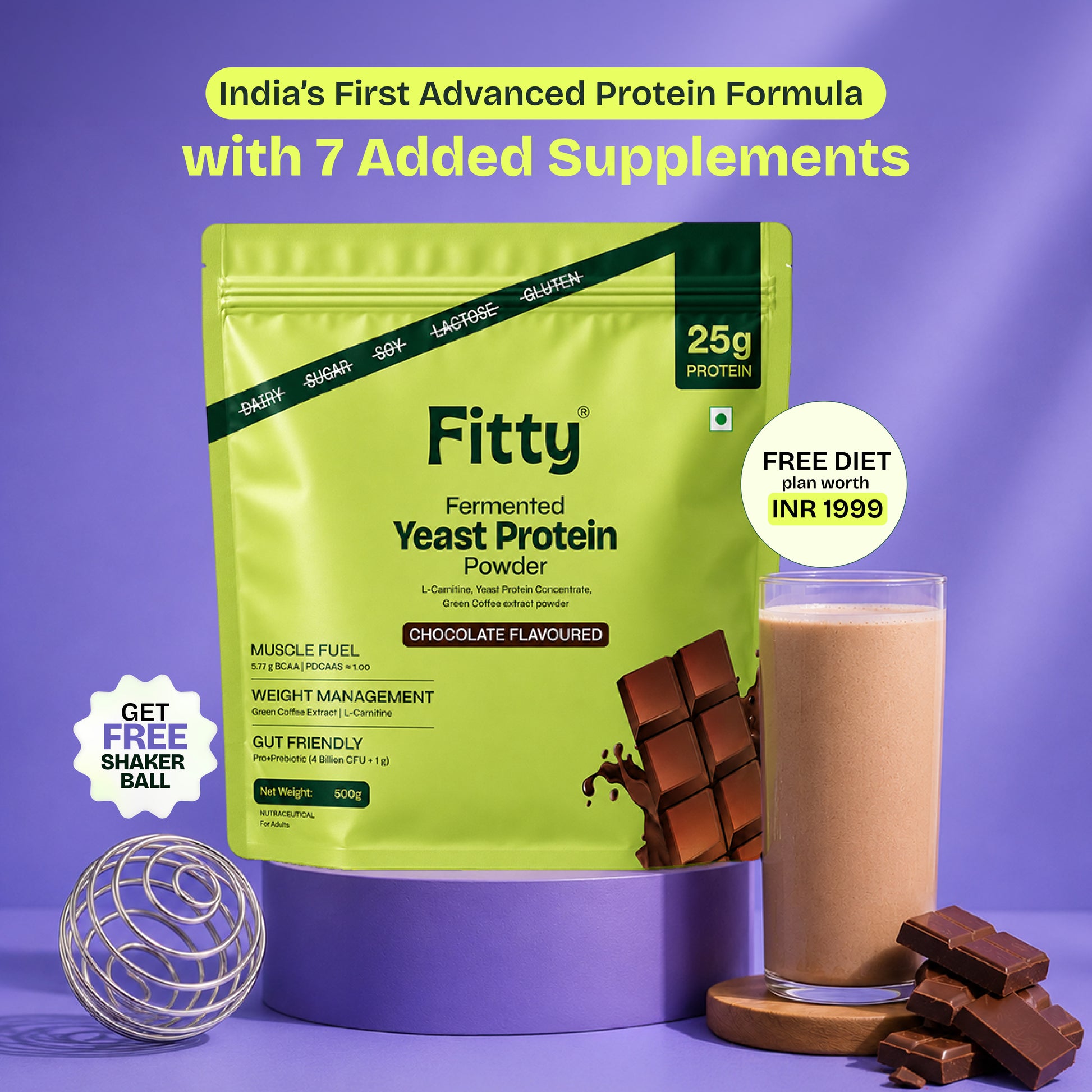 Fitty Fermented Yeast Protein | Freedom Sale | 25g Protein | 7 Added Supplements | Vitamin B12, D3, K2 (100% RDA) | Chocolate (500 g)
